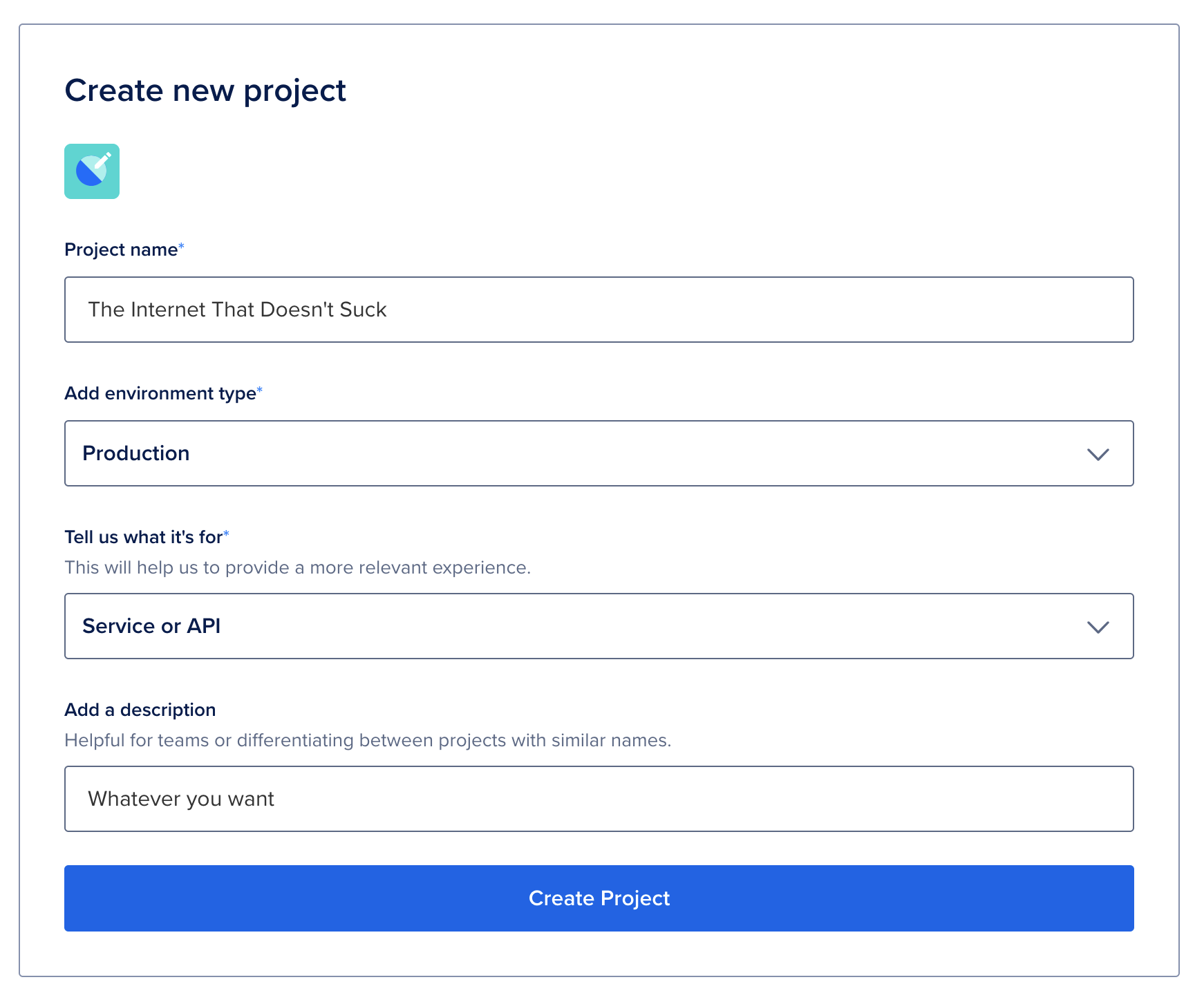 Create Project page